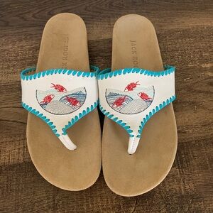 Jack Rogers Sz 8 Blue Whipstitch Trim Embroidered Red Fish White Thongs Slip On